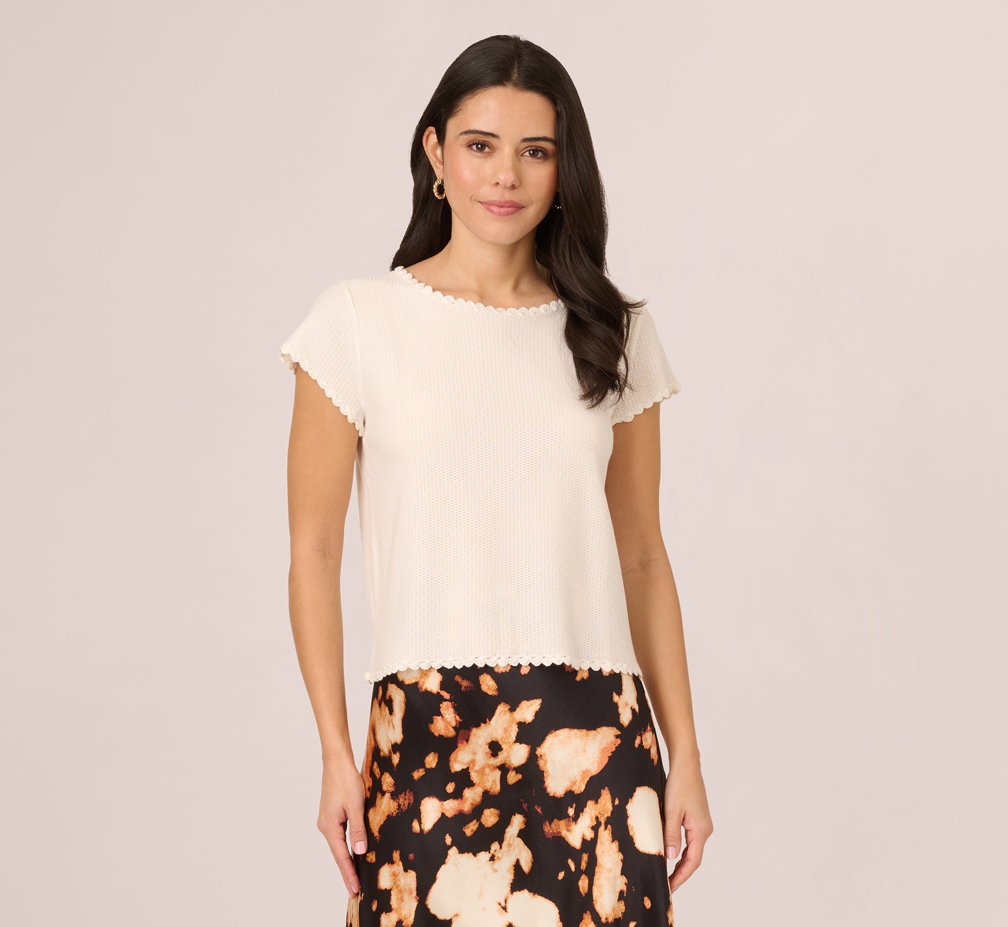 Cap Sleeve Crochet Scallop Sweater Top In Ivory