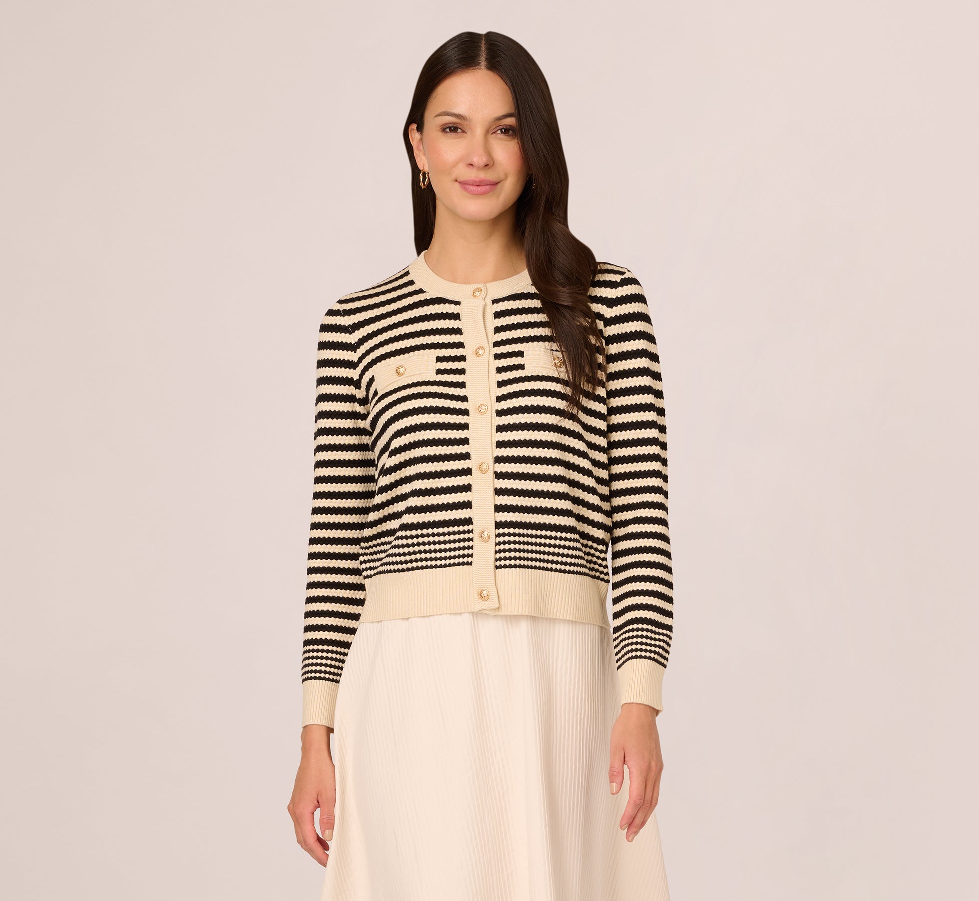 Crew Neck Button Front Striped Pointelle Cardigan Sweater In Cream Black