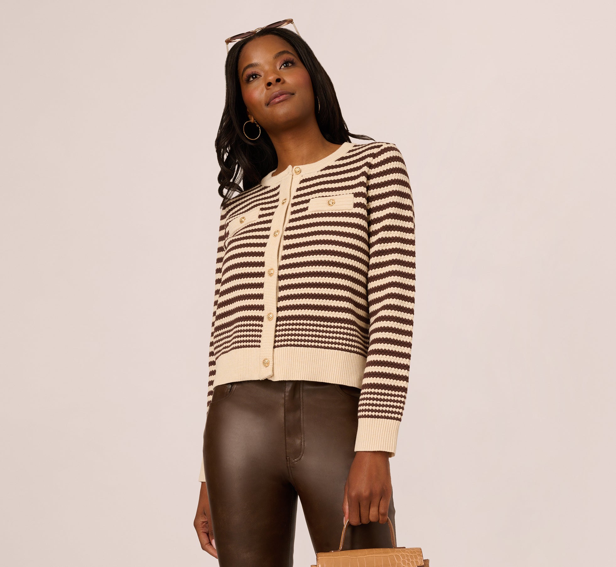 Crew Neck Button Front Striped Pointelle Cardigan Sweater In Cream Dark Brown