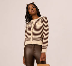 Crew Neck Button Front Striped Pointelle Cardigan Sweater In Cream Dark Brown