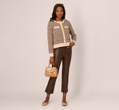 Crew Neck Button Front Striped Pointelle Cardigan Sweater In Cream Dark Brown