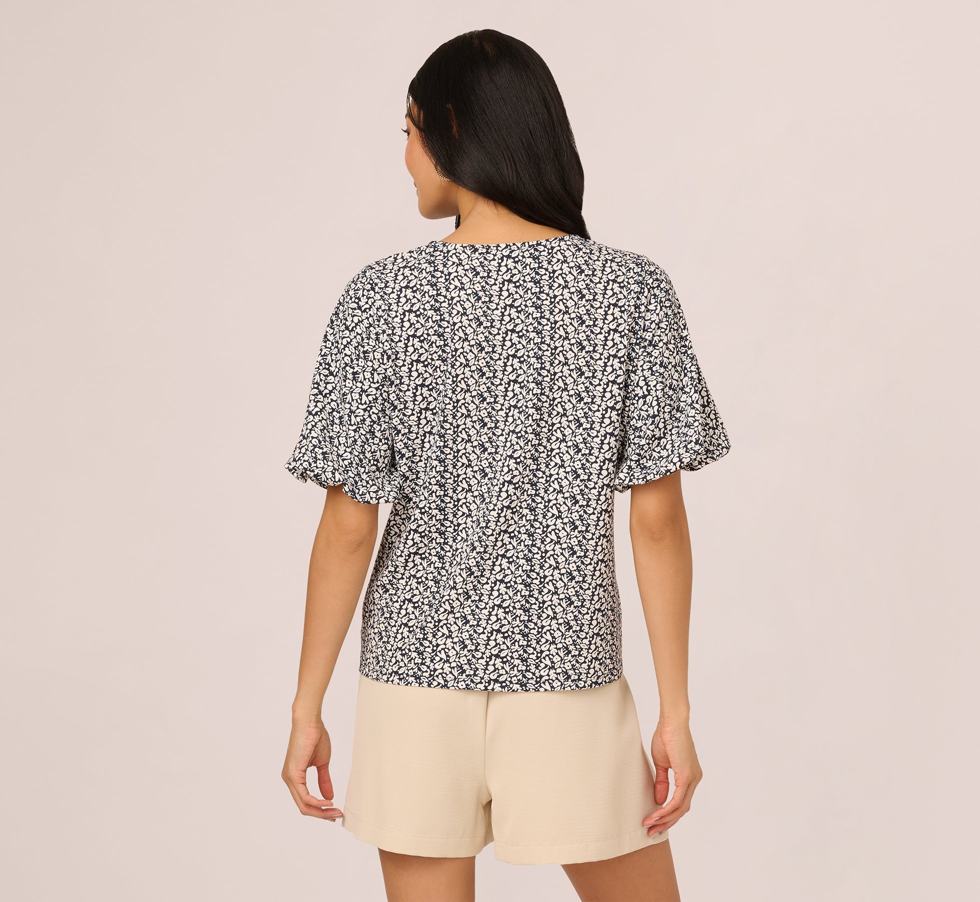 Bubble Sleeve Printed Tie Waist Top In Navy Stencil