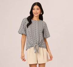 Bubble Sleeve Printed Tie Waist Top In Navy Stencil
