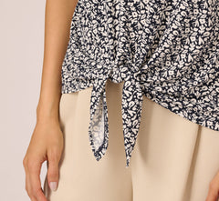 Bubble Sleeve Printed Tie Waist Top In Navy Stencil