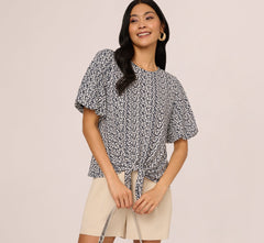 Bubble Sleeve Printed Tie Waist Top In Navy Stencil