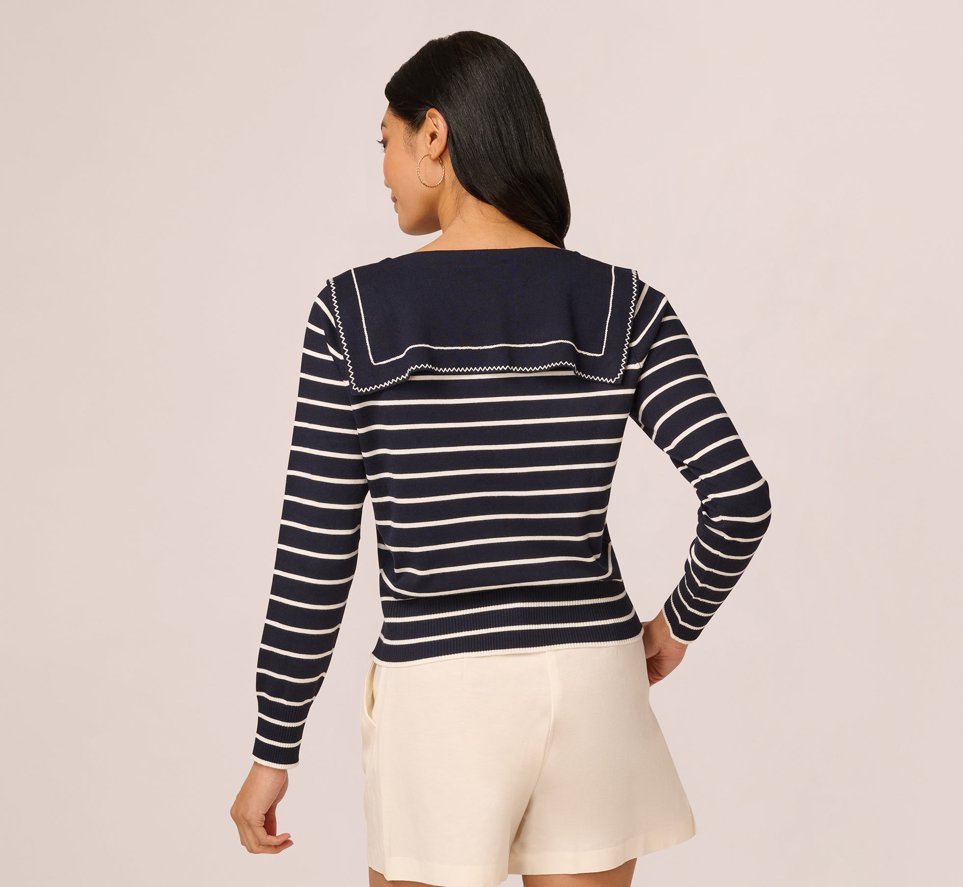 Long Sleeve Sailor Collar Pullover Sweater In Navy Ivory