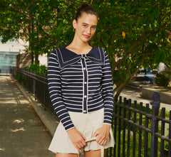 Long Sleeve Sailor Collar Pullover Sweater In Navy Ivory