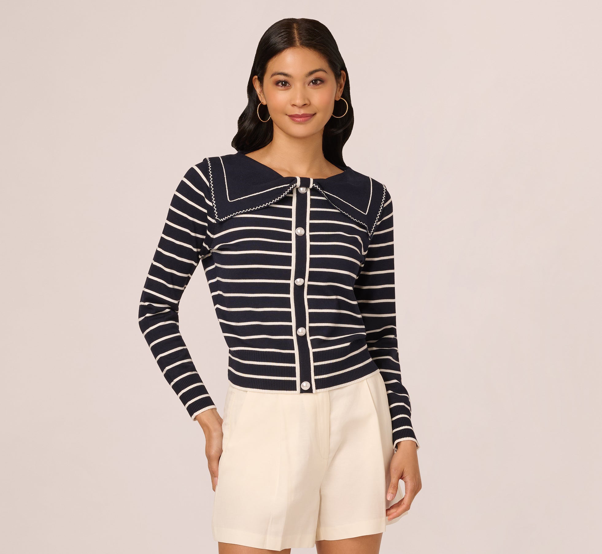 Long Sleeve Sailor Collar Pullover Sweater In Navy Ivory