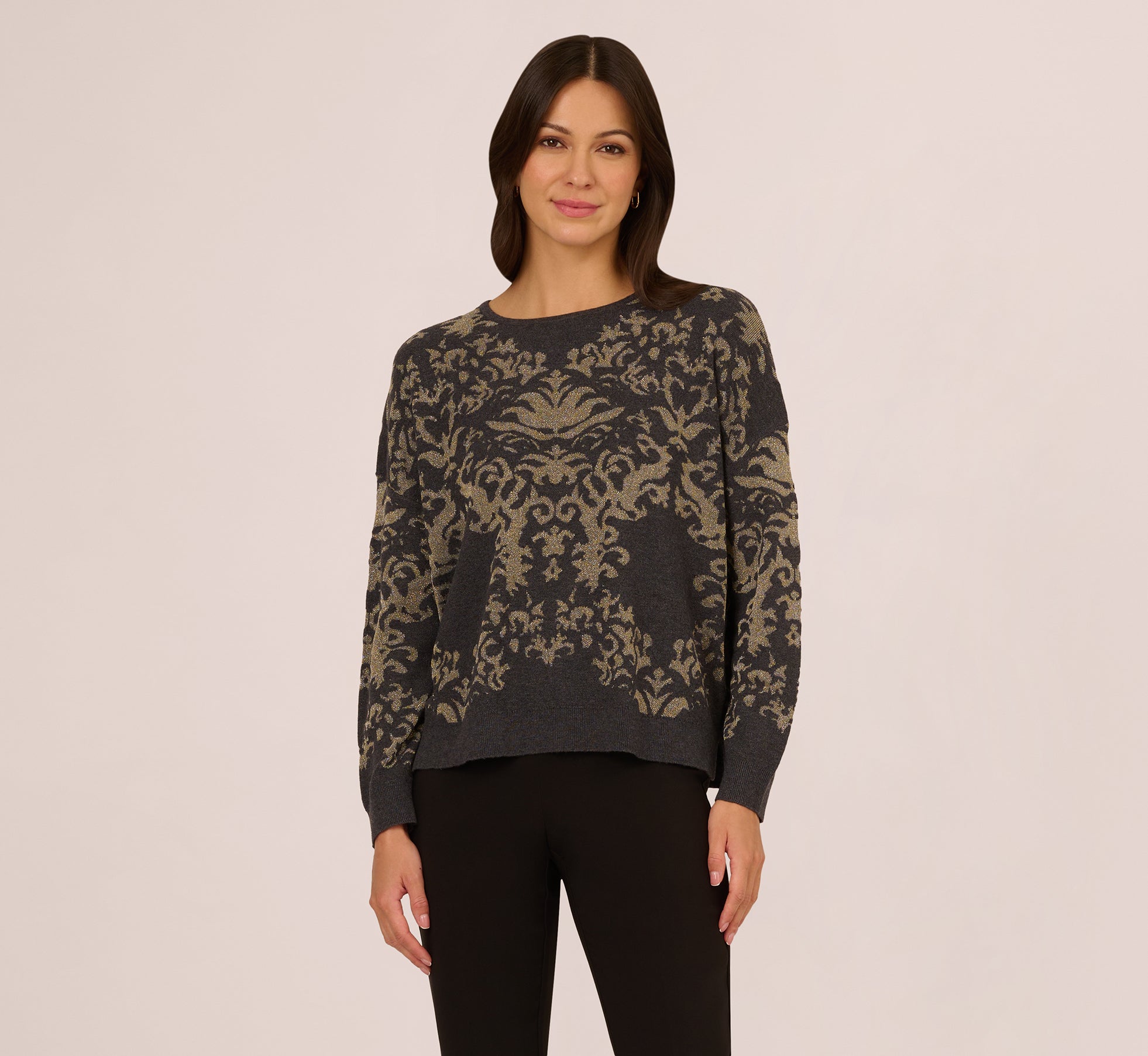 Drop Shoulder Metallic Knit Sweater In Slate Grey Gold