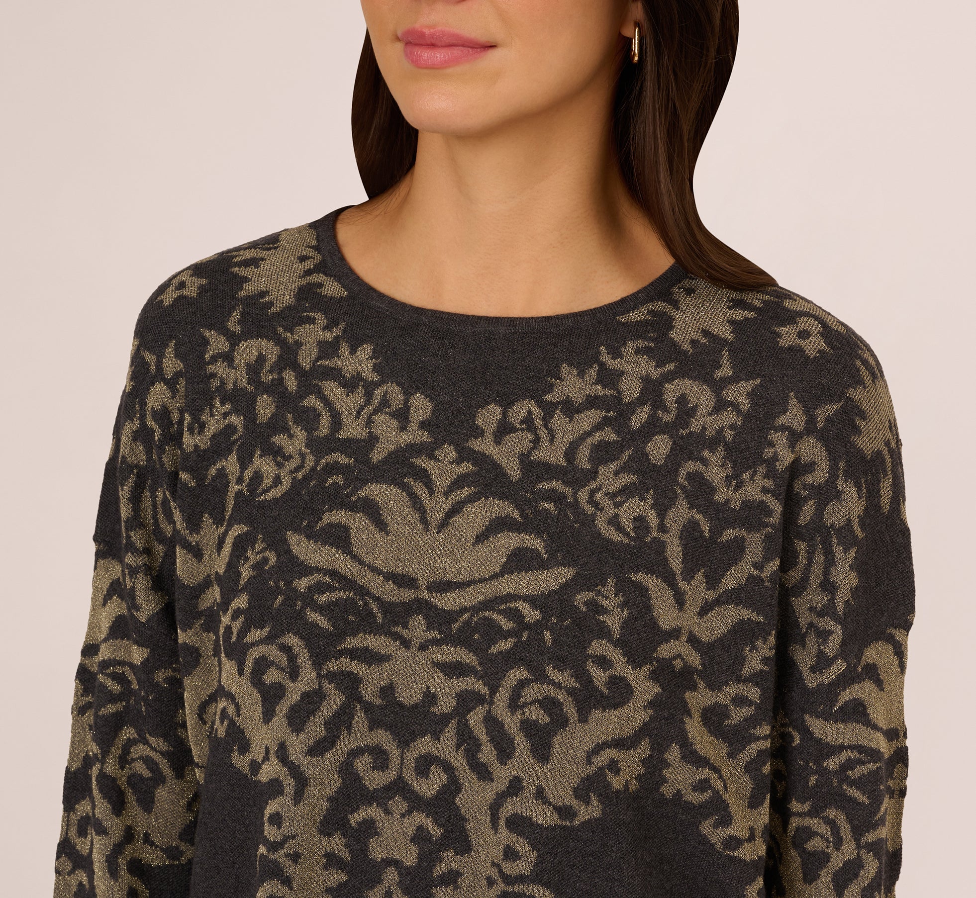 Drop Shoulder Metallic Knit Sweater In Slate Grey Gold