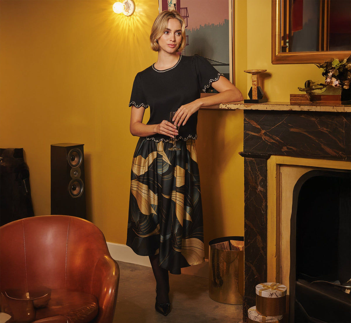 Gathered A Line Midi Skirt In Wavy Geo