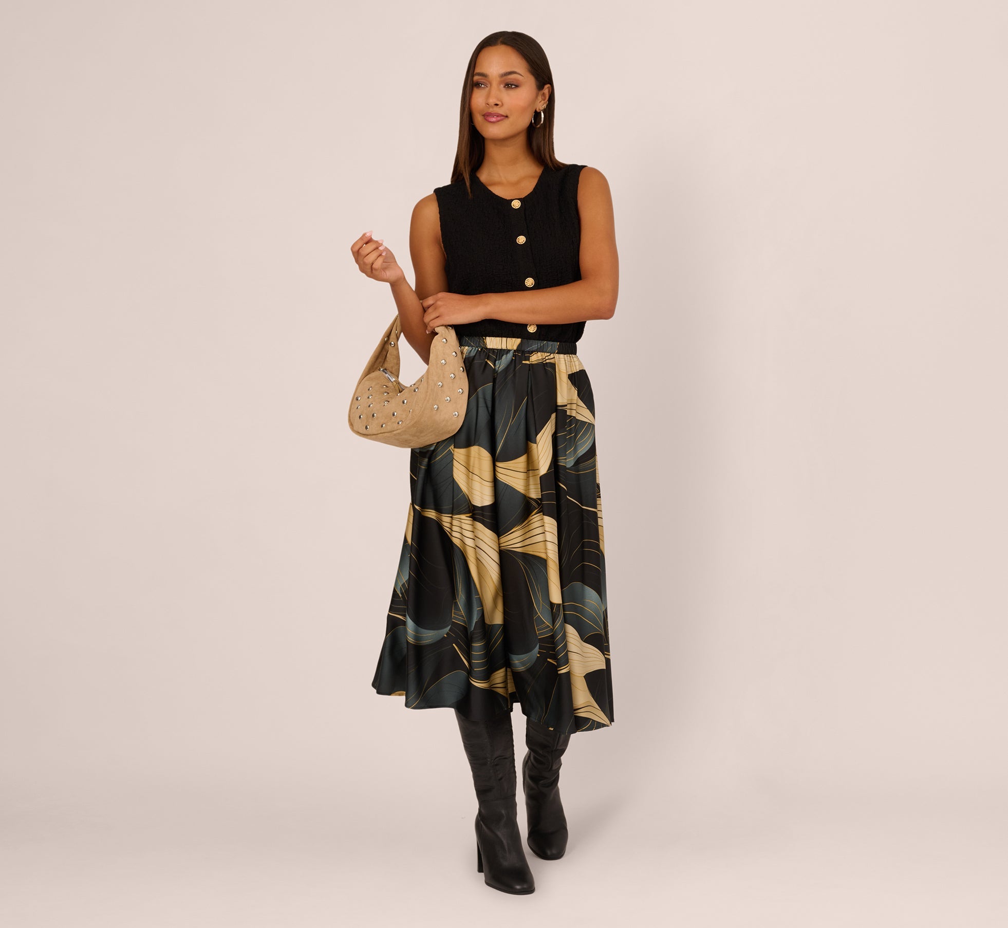 Gathered A Line Midi Skirt In Wavy Geo