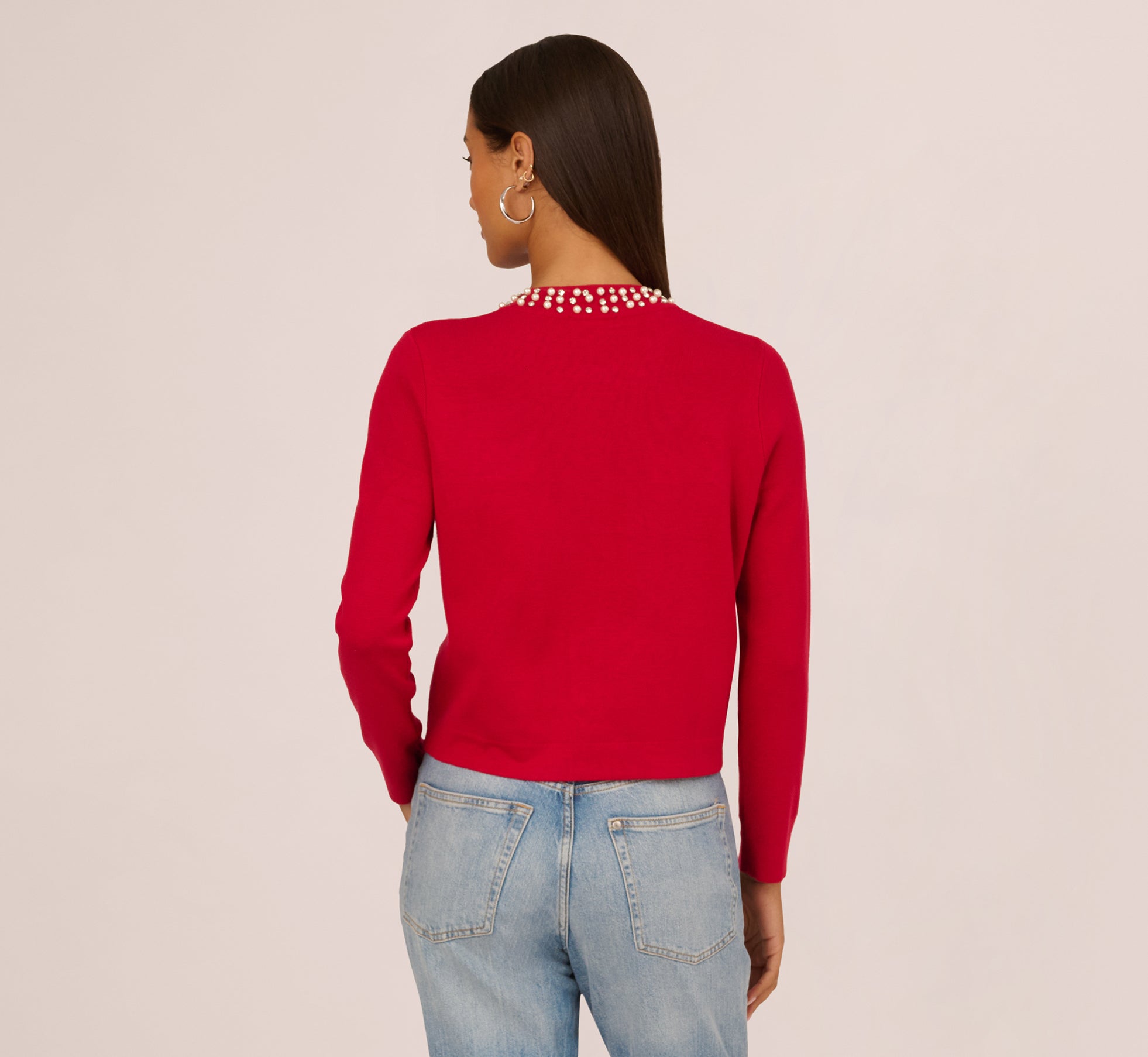 Rhinestone Pearly Cardigan Sweater In Haute Red