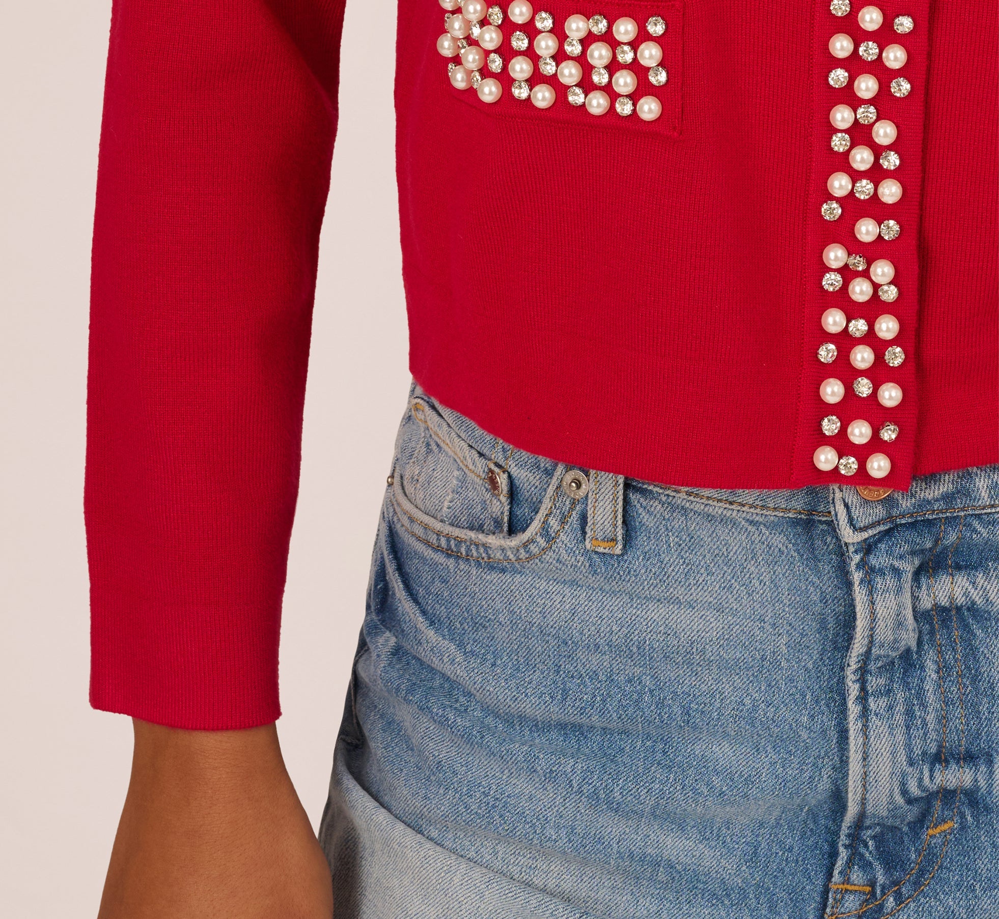 Rhinestone Pearly Cardigan Sweater In Haute Red