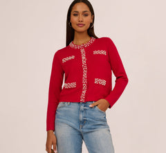 Rhinestone Pearly Cardigan Sweater In Haute Red
