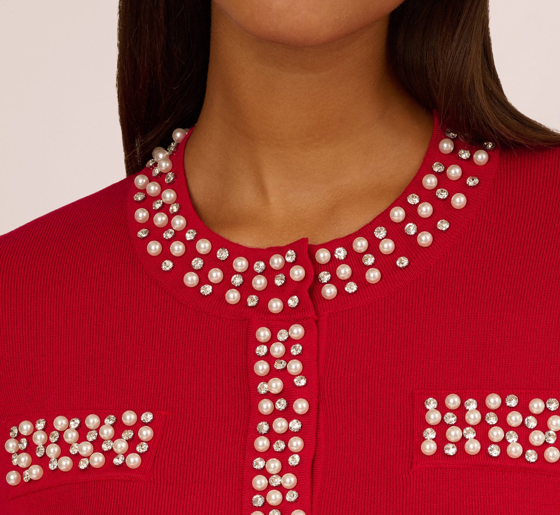 Rhinestone Pearly Cardigan Sweater In Haute Red
