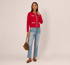 Rhinestone Pearly Cardigan Sweater In Haute Red