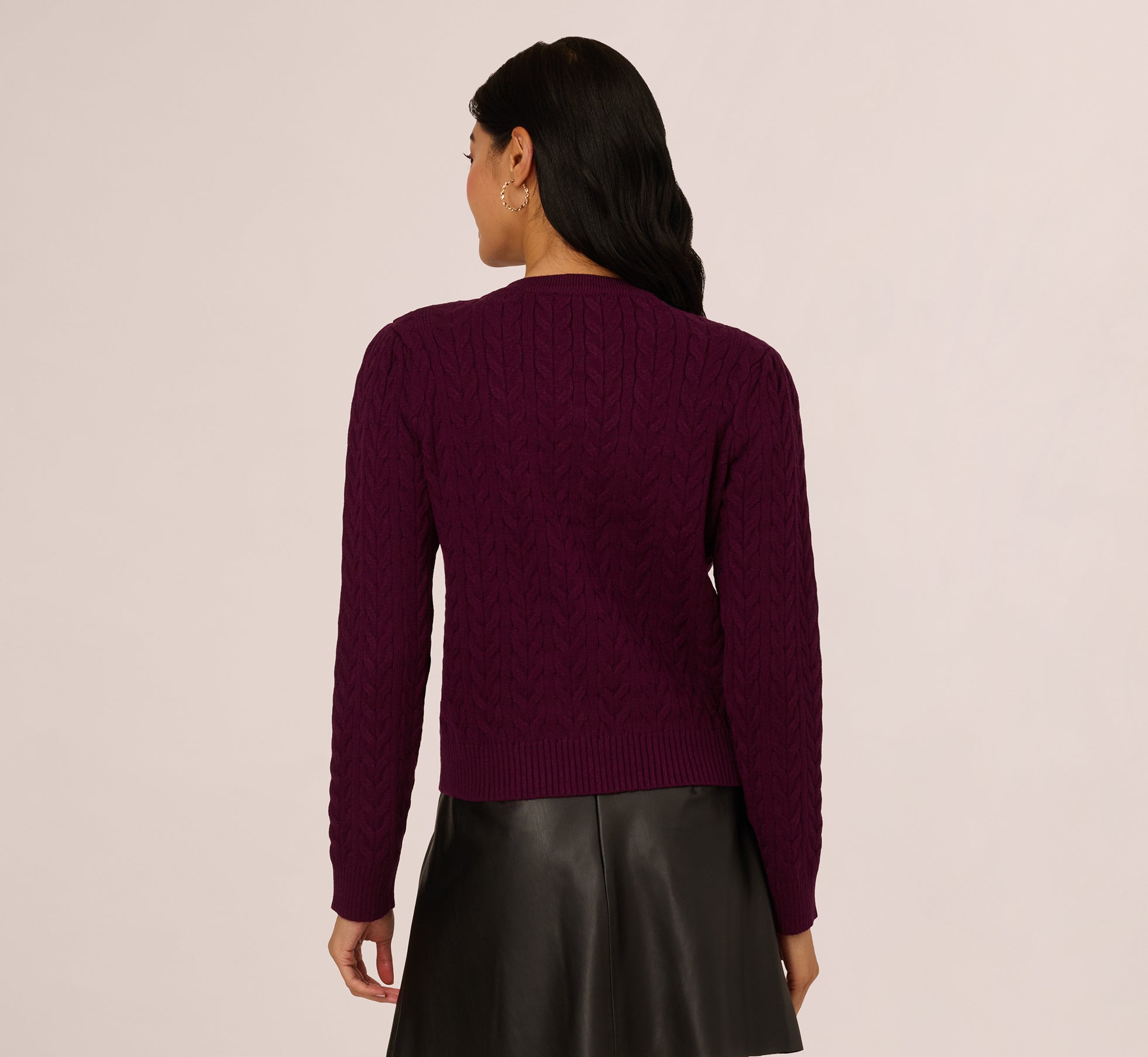 Pearly Trim Cable Knit Cardigan Sweater In Raisin
