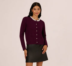 Pearly Trim Cable Knit Cardigan Sweater In Raisin