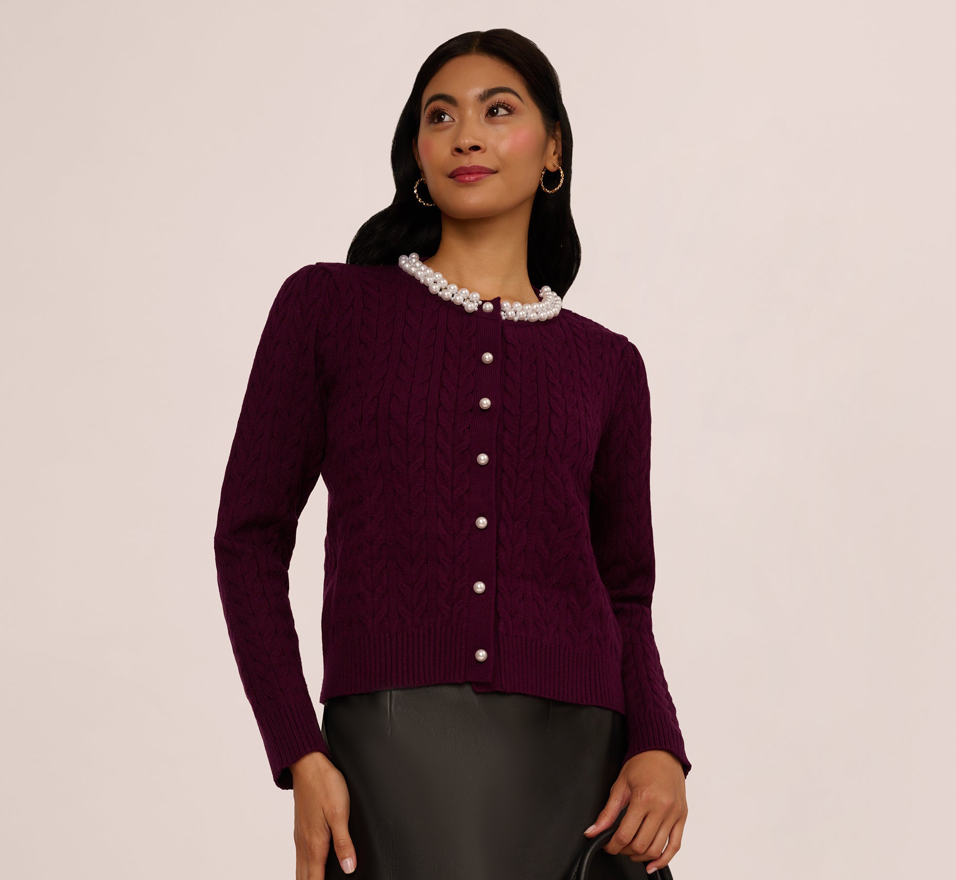 Pearly Trim Cable Knit Cardigan Sweater In Raisin