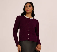 Pearly Trim Cable Knit Cardigan Sweater In Raisin