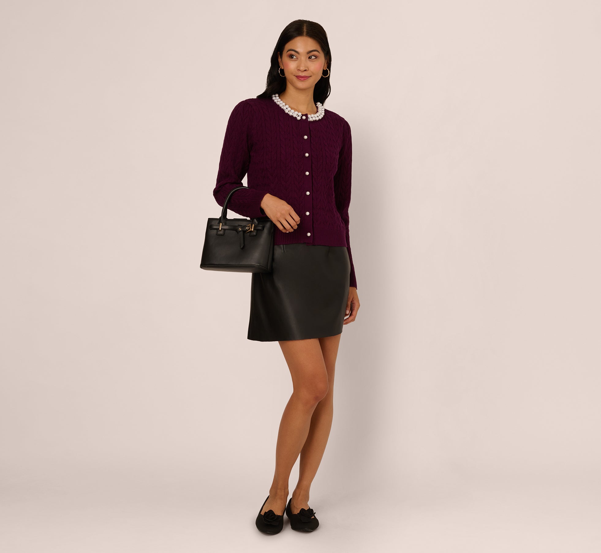 Pearly Trim Cable Knit Cardigan Sweater In Raisin