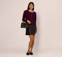 Pearly Trim Cable Knit Cardigan Sweater In Raisin
