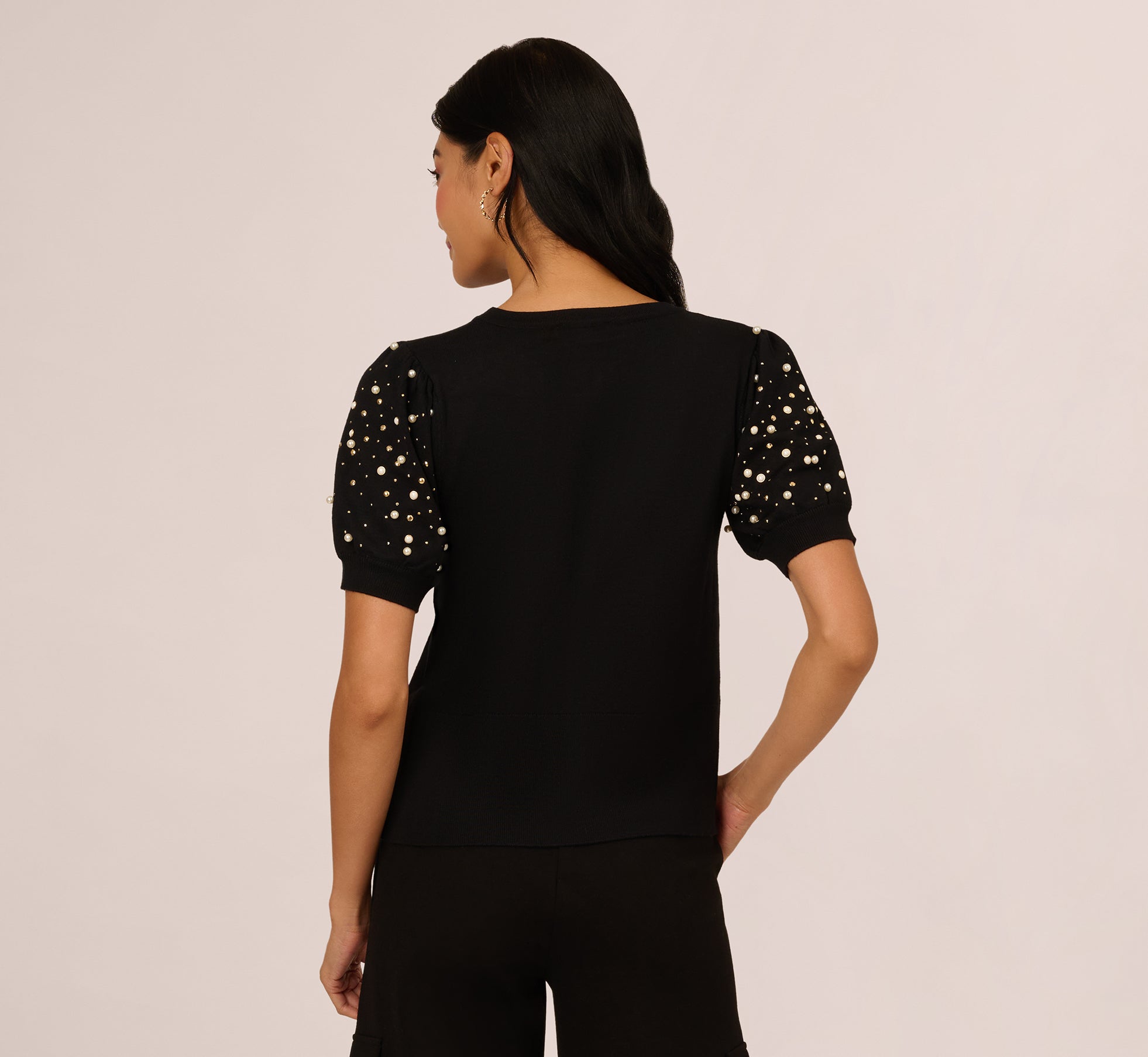 Puff Sleeve Pearly Embellished Sweater In Black