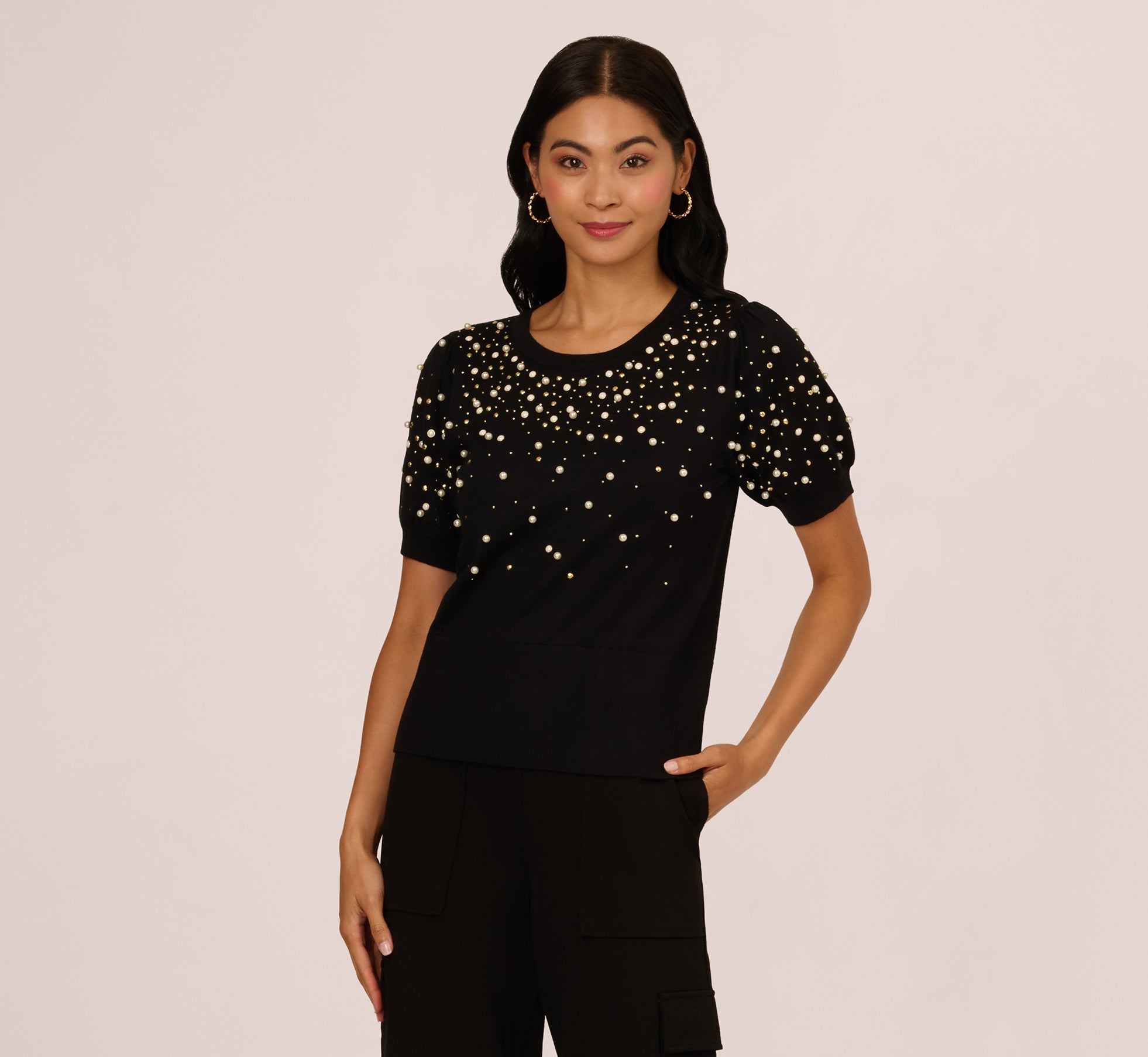 Puff Sleeve Pearly Embellished Sweater In Black
