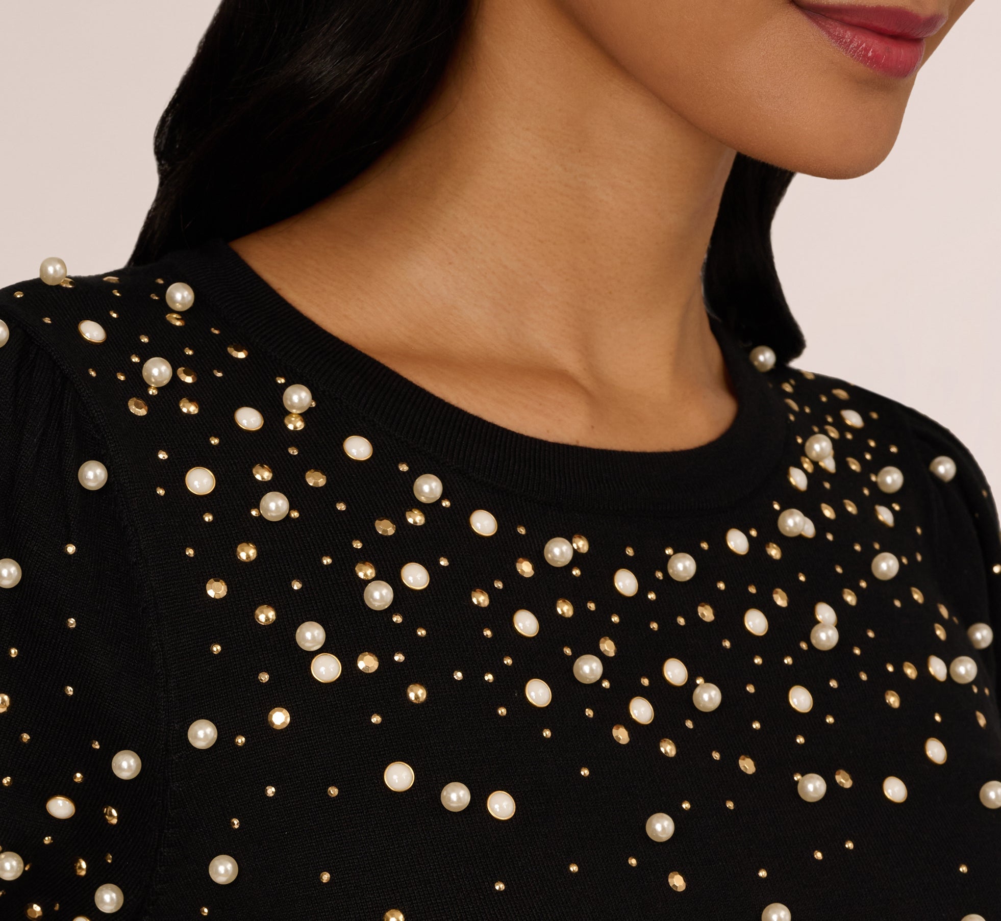 Puff Sleeve Pearly Embellished Sweater In Black