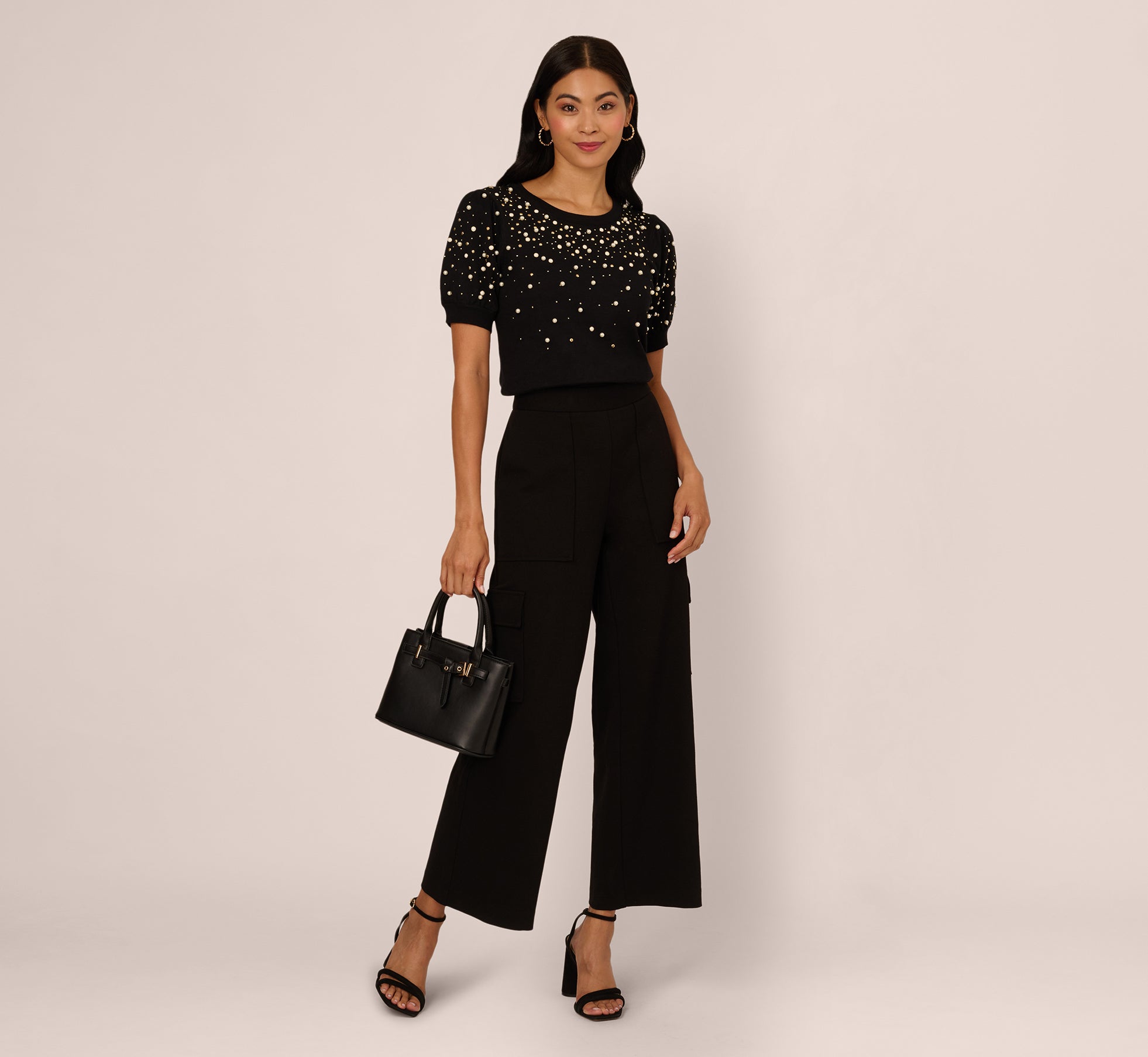 Puff Sleeve Pearly Embellished Sweater In Black