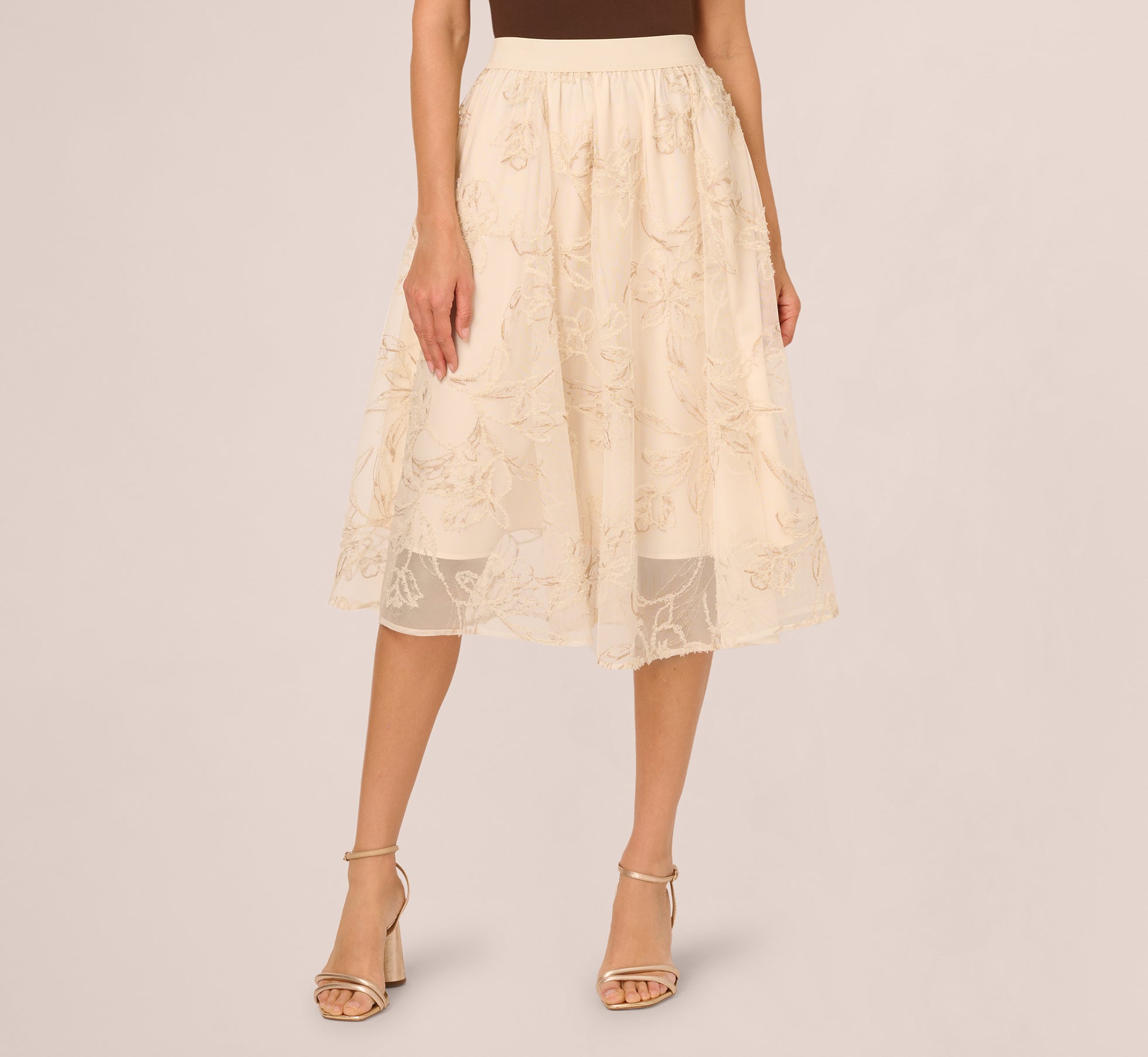 Floral Mesh Overlay A Line Midi Skirt In Ivory