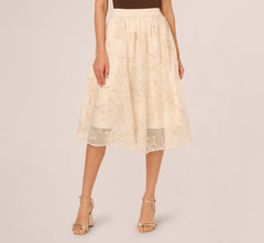 Floral Mesh Overlay A Line Midi Skirt In Ivory