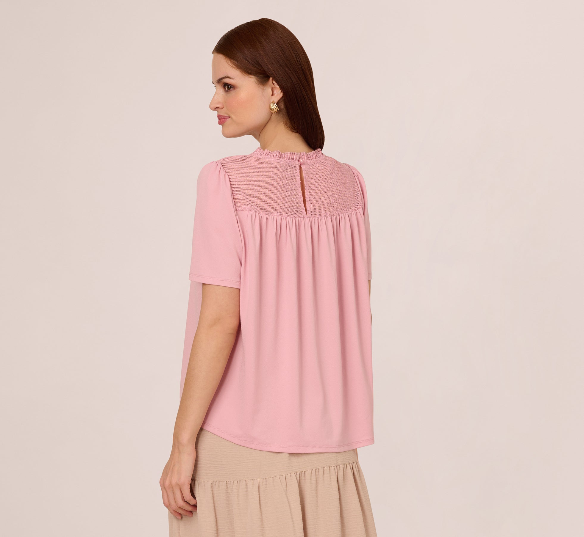Flutter Sleeve Lace Yoke Trapeze Top In Pink Nectar
