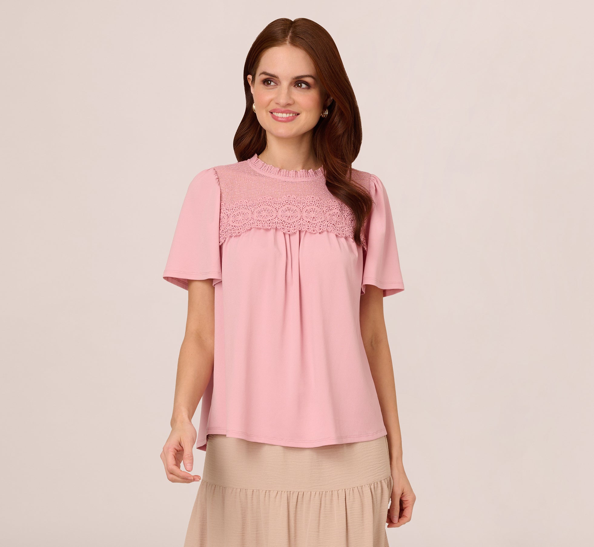 Flutter Sleeve Lace Yoke Trapeze Top In Pink Nectar