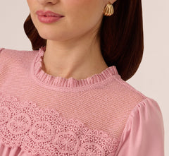 Flutter Sleeve Lace Yoke Trapeze Top In Pink Nectar
