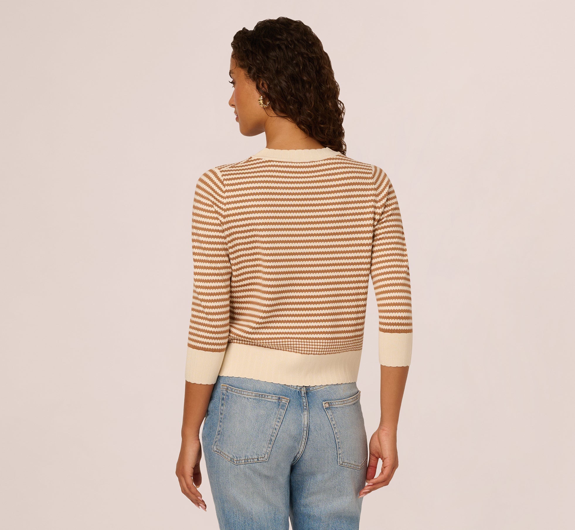Three Quarter Sleeve Stripe Knit Sweater Top In Cream Camel