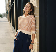 Three Quarter Sleeve Stripe Knit Sweater Top In Cream Camel