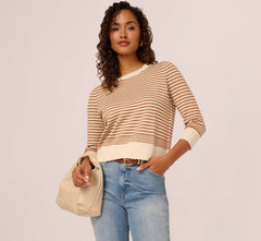 Three Quarter Sleeve Stripe Knit Sweater Top In Cream Camel