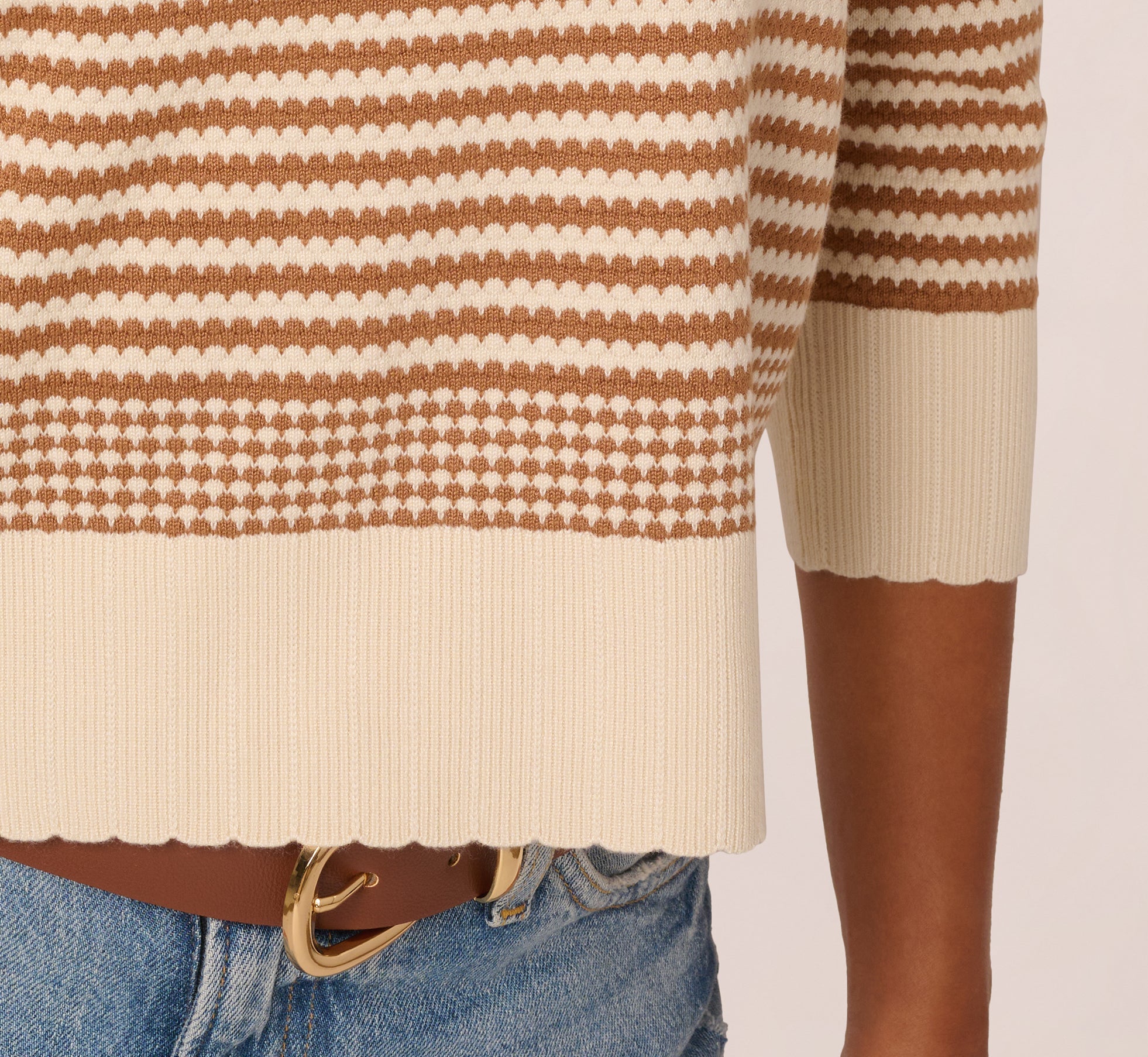 Three Quarter Sleeve Stripe Knit Sweater Top In Cream Camel