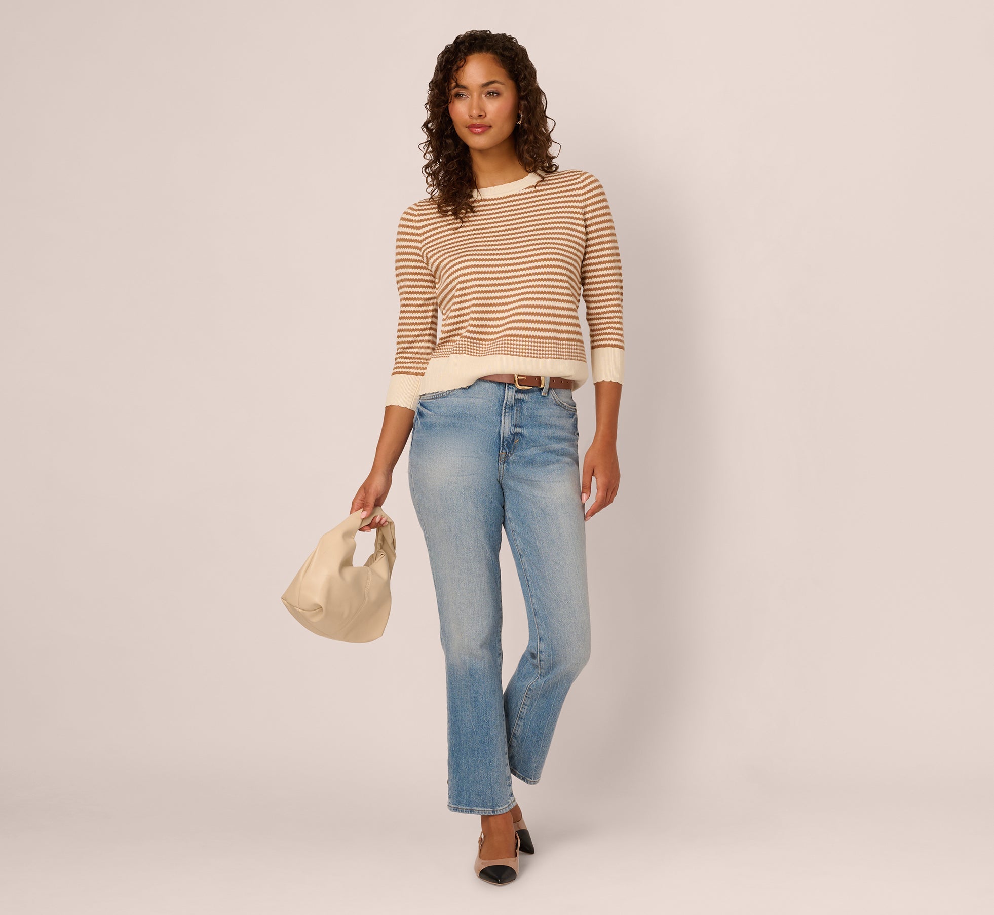 Three Quarter Sleeve Stripe Knit Sweater Top In Cream Camel