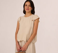 Flutter Sleeve Embroidery Scalloped Hem Top In Bamboo Wood