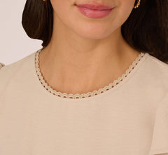 Flutter Sleeve Embroidery Scalloped Hem Top In Bamboo Wood