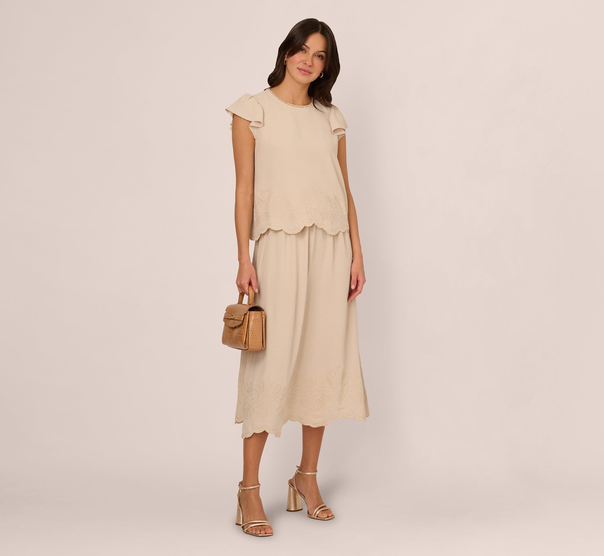 Flutter Sleeve Embroidery Scalloped Hem Top In Bamboo Wood