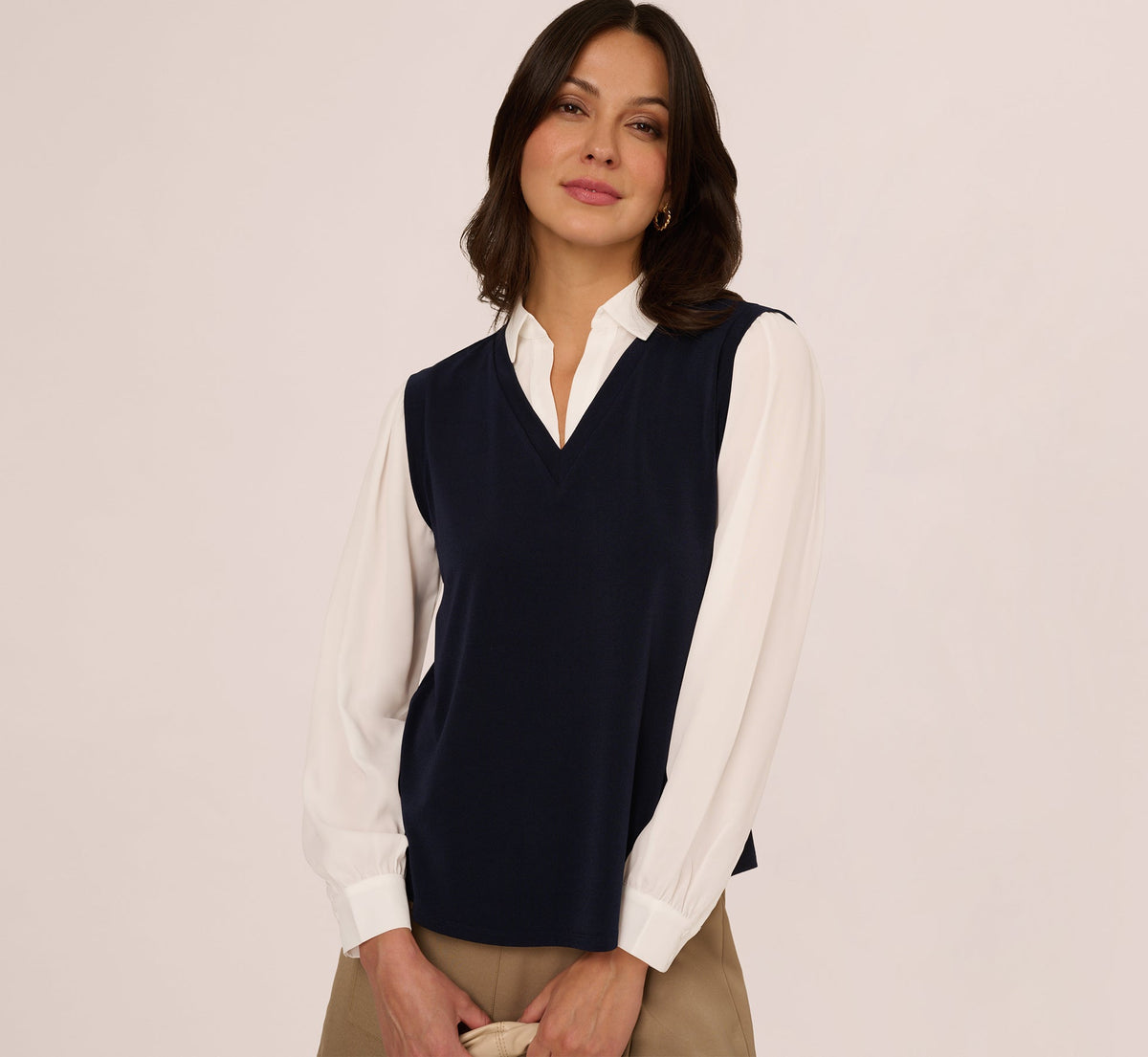 Long Sleeve Collared Sweater Vest Twofer Top In Navy Ivory