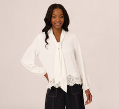 Lace Hem Tie Neck Blouse In Ivory