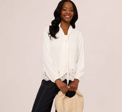 Lace Hem Tie Neck Blouse In Ivory