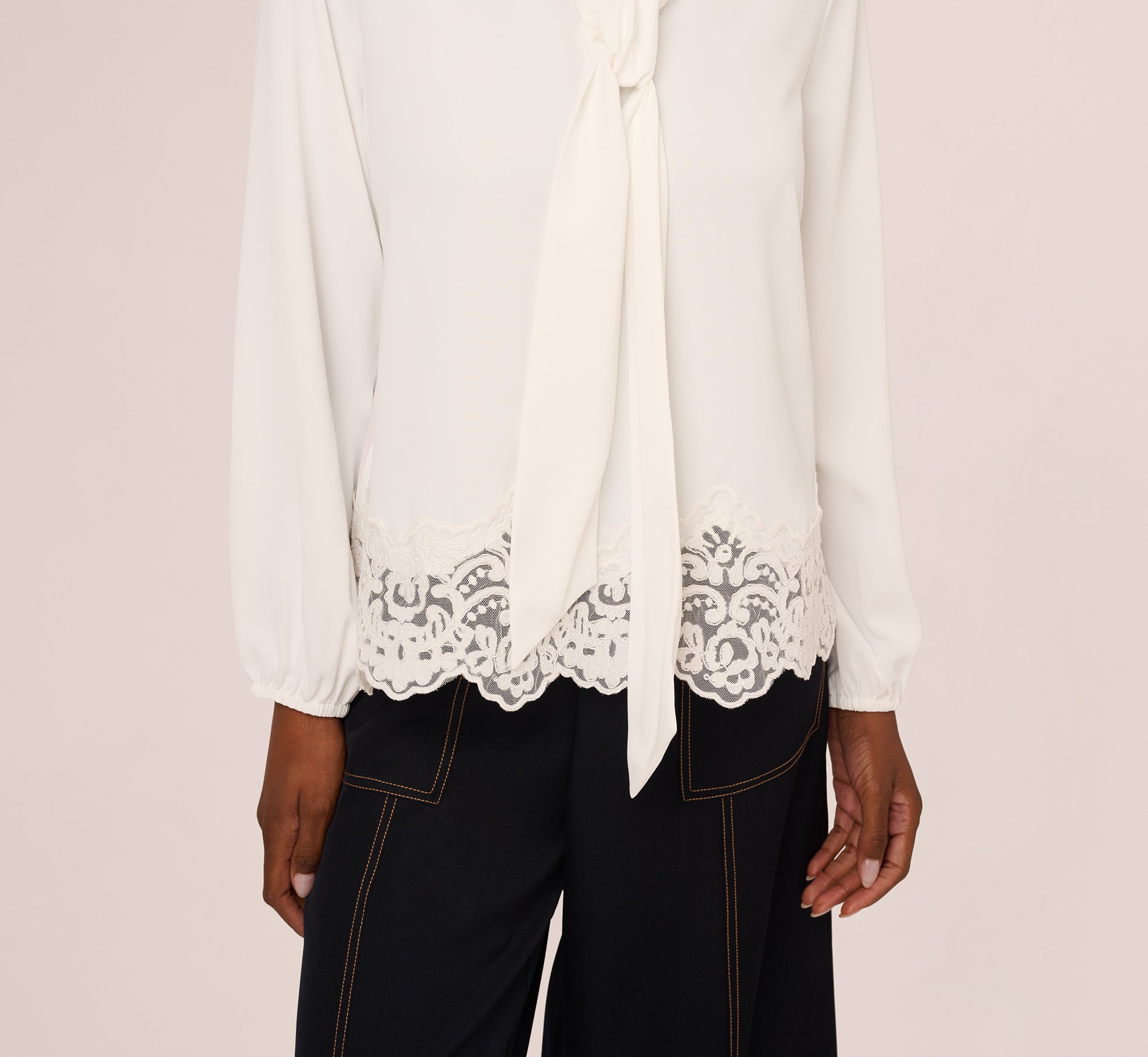 Lace Hem Tie Neck Blouse In Ivory
