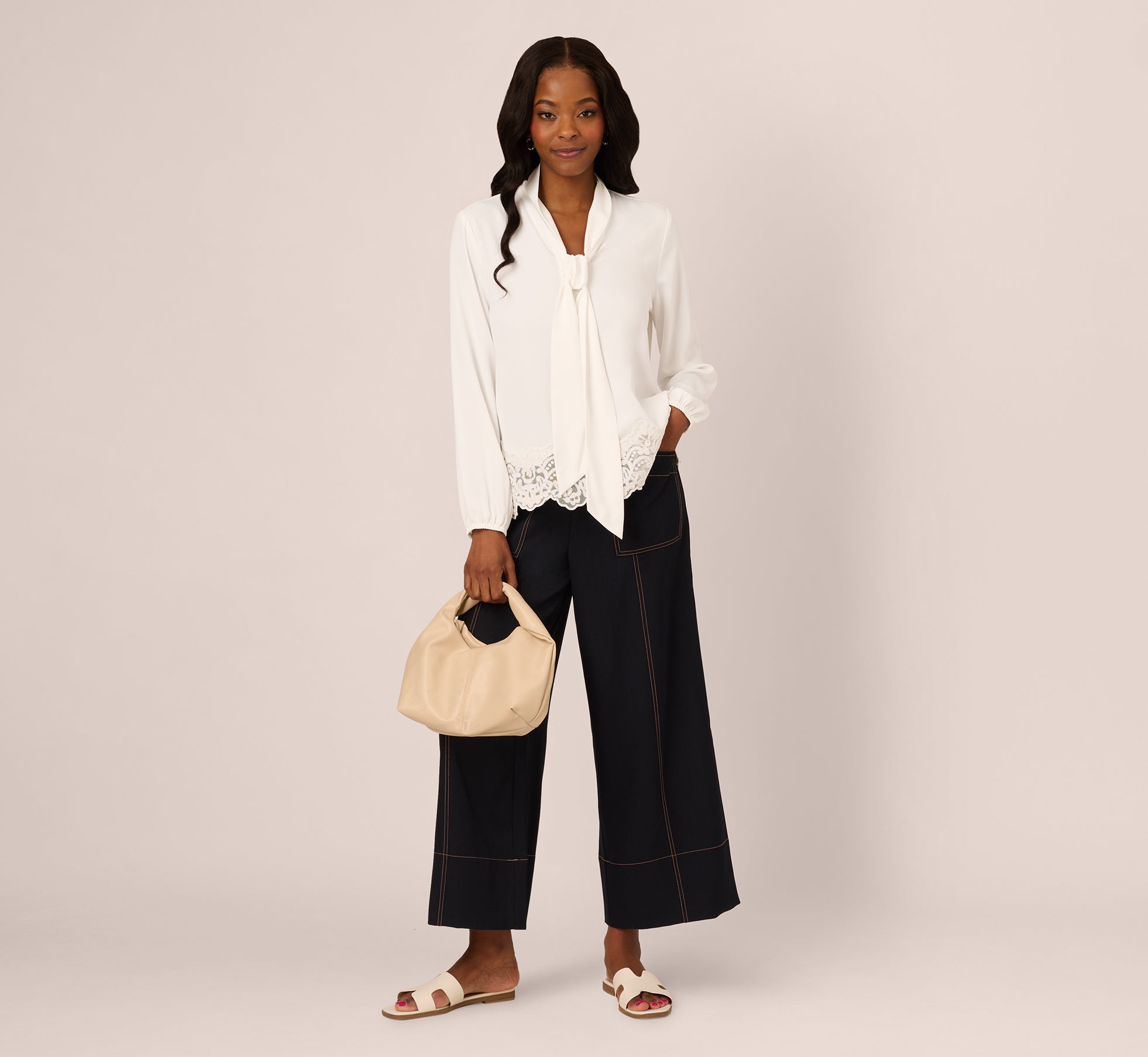 Lace Hem Tie Neck Blouse In Ivory