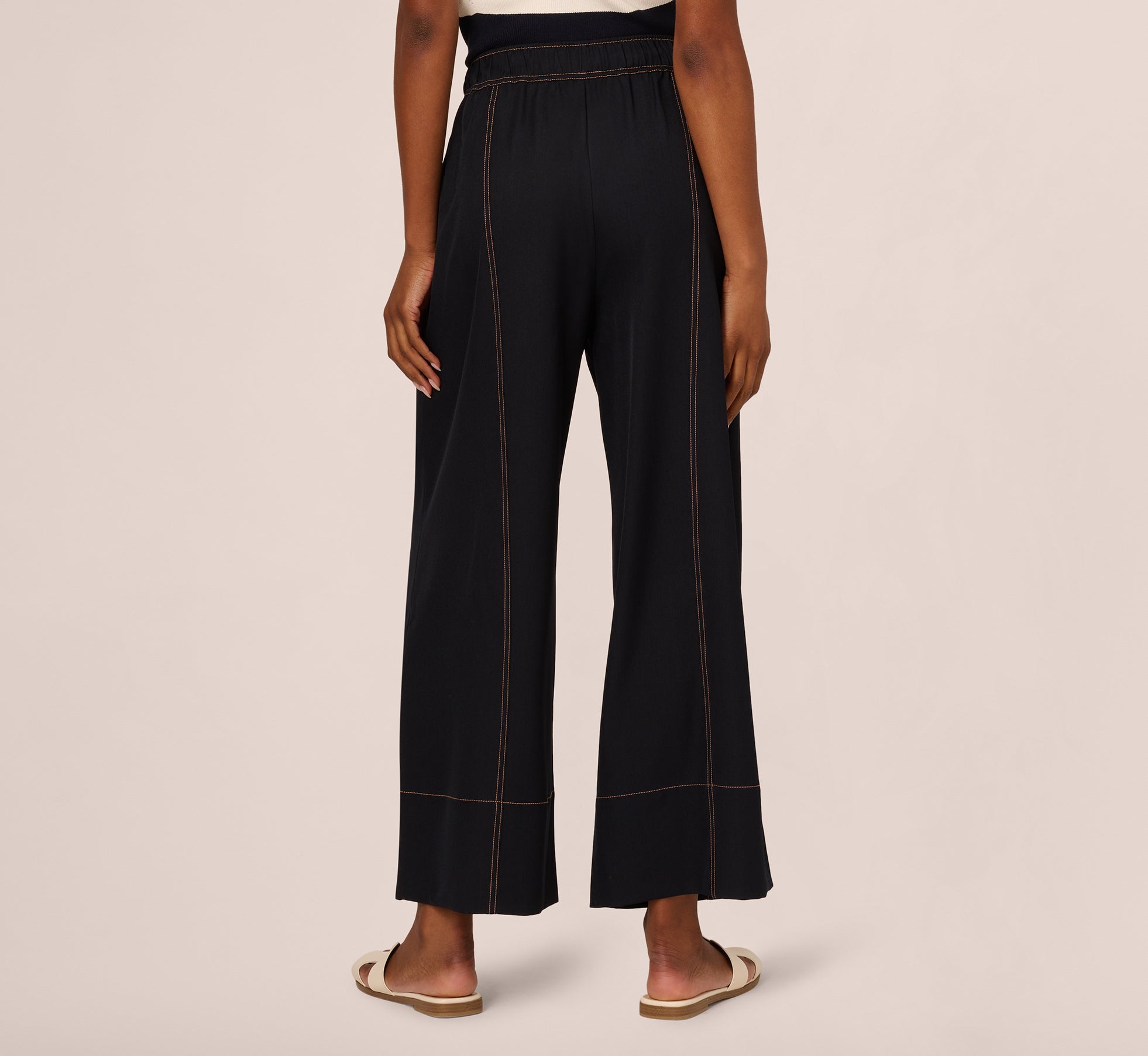 Contrast Stitched Wide Leg Drawstring Pant In Navy Khaki